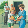 A boy holds a box with a small river otter wrapped in green-checked cloth, as a woman in blue scrubs from a wildlife center assists. Two adults smile in the background. Scene from "Saving Squeak" by Schiffer Publishing, Ltd.