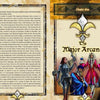 An open book, The Illuminati Tarot by Schiffer Publishing, Ltd., displays Chapter Five: The Major Arcana. Medieval figures inspired by Western mysticism and secret societies fill the right page, while text lines the left.