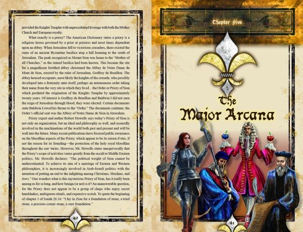 An open book, The Illuminati Tarot by Schiffer Publishing, Ltd., displays Chapter Five: The Major Arcana. Medieval figures inspired by Western mysticism and secret societies fill the right page, while text lines the left.