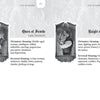 Two cards from the Shakespearean Tarot by Schiffer Publishing, Ltd.: Queen of Swords (Lady Macbeth) and Knight of Swords (Macbeth), each in black-and-white with Jungian archetypes and upright/reversed divinatory meanings.