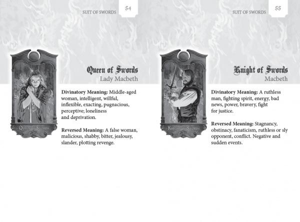 Two cards from the Shakespearean Tarot by Schiffer Publishing, Ltd.: Queen of Swords (Lady Macbeth) and Knight of Swords (Macbeth), each in black-and-white with Jungian archetypes and upright/reversed divinatory meanings.