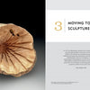 A two-page book spread from *The Lindquist Legacy* by Schiffer Publishing, Ltd.: Left, a carved wooden sculpture; right, text reads 3 MOVING TO SCULPTURE with a Terry Martin (2010) quote about sculpture on white and gray background.