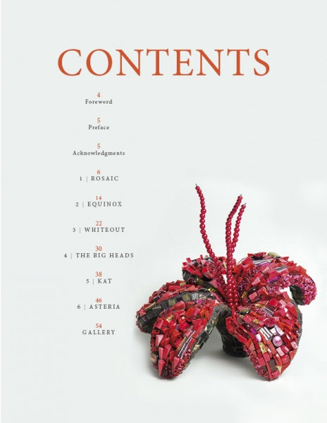 The table of contents for "Sculptural Secrets for Mosaics" by Schiffer Publishing, Ltd. features a vivid 3-D red flower mosaic sculpture at the bottom right, with section titles and page numbers vertically centered above.