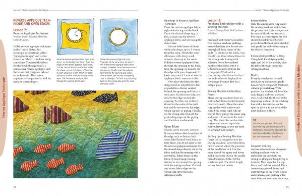 A book spread from "Play-of-Color Quilting" by Schiffer Publishing, Ltd. displays reverse appliqué techniques with a quilted scene of fabric fish on a green-yellow background and samples in blue and yellow squares.