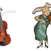 On the left, a violin appears with "Do you hear a violin?" On the right, a rabbit in a green dress—one of many animal musicians from Schiffer Publishing's "What Do You Hear?"—plays violin with "twiny-twin!" nearby.