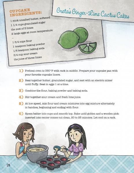 A recipe page for Shirley’s Cakes by Schiffer Publishing, Ltd. features kid-friendly cake recipes, clear ingredients and instructions, playful illustrations of limes and two girls mixing batter, all on a blue, grid-patterned background.