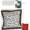 A Quilted Memory by Schiffer Publishing, Ltd. is a square pillow with a black-and-white train print framed in black and red, vintage textiles, a red buttoned back, and an old photo of a woman in the upper right corner.