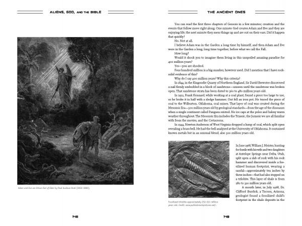 Two pages from "Aliens, God, and the Bible" by Schiffer Publishing, Ltd. show text and black-and-white illustrations: one depicts a man and woman fleeing an angel in a biblical scene, the other features an image of fossilized teeth.