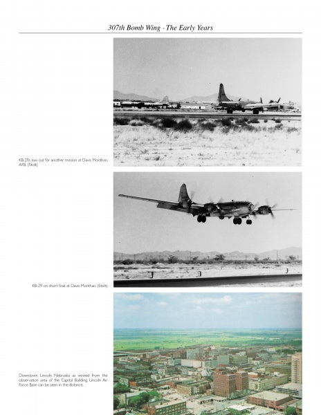 Three black-and-white photos of B-29s from the 307th Bomb Wing flying at Davis Monthan, over a color view of downtown Lincoln near historic Lincoln AFB—featured in "Cold War Cornhuskers" by Schiffer Publishing, Ltd.