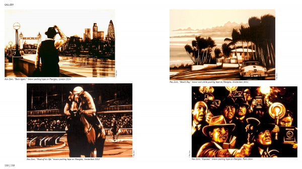 Tape Art by Schiffer Publishing, Ltd. features a collage of four sepia-tone artworks: a man in a hat over a city, palm trees with art deco cars, a jockey on a horse, and clustered photographers.