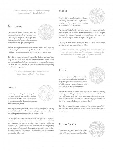 A grayscale page from "Painterly Days" by Schiffer Publishing, Ltd. displays ornate doodle designs and text on Medallions, Mod I, Mod II, Paisley, and Floral Swirls styles—each with a sample sketch inspired by watercolor art.