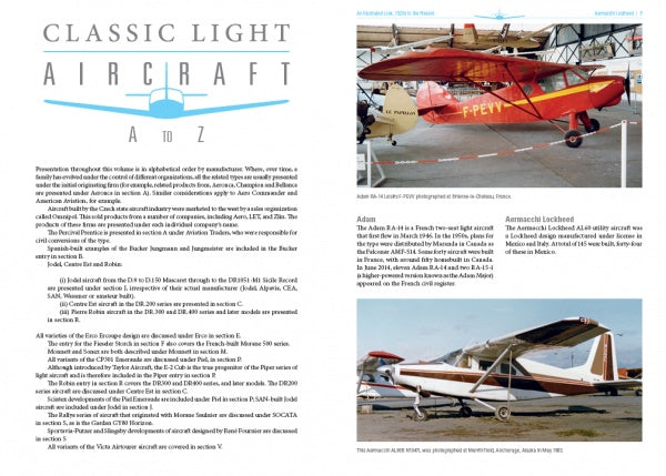 Classic Light Aircraft by Schiffer Publishing, Ltd. features a magazine spread with text and photos of a red and yellow high-wing plane in a hangar (top) and a white and brown taildragger parked outside (bottom right).