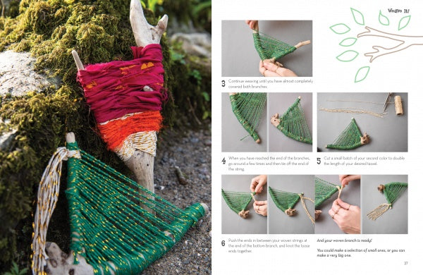 Weave It! by Schiffer Publishing, Ltd. is a visual guide for kids’ weaving projects using green yarn and a small branch fork, featuring finished crafts on the left and illustrated instructions on the right.