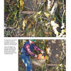 Two images from "Wood Turning, from Tree to Table" by Schiffer Publishing, Ltd.: the top shows a wedge cut in a tree trunk, and the bottom shows a person in safety gear chainsawing the base of a mossy tree outdoors.