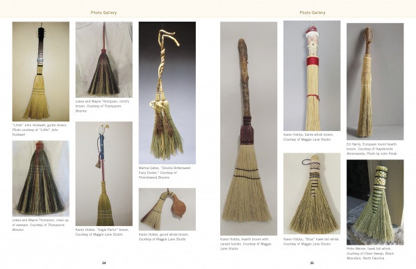 Browse "Swept Away" by Schiffer Publishing, Ltd.—a photo gallery showcasing handmade brooms with distinctive styles, including carved handles and wrapped string designs, all inspired by traditional broom making and decorative bindings.