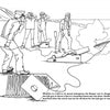 Four men operate a Lyle gun on a beach in this scene from the U.S. Life Saving Coloring Book by Schiffer Publishing, Ltd., firing a rope toward shipwrecked sailors as coils of rope, equipment, and gun smoke are visible in the foreground.