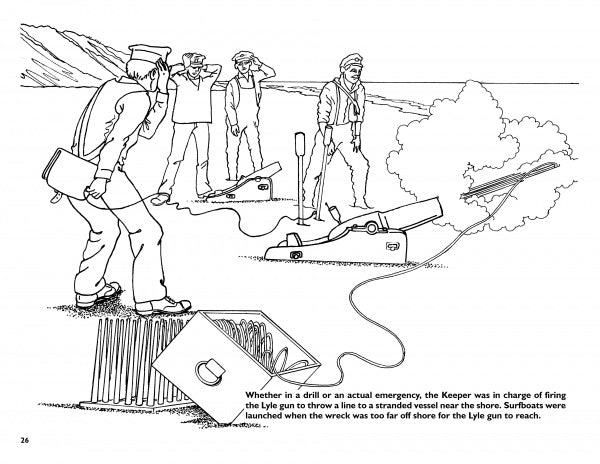Four men operate a Lyle gun on a beach in this scene from the U.S. Life Saving Coloring Book by Schiffer Publishing, Ltd., firing a rope toward shipwrecked sailors as coils of rope, equipment, and gun smoke are visible in the foreground.