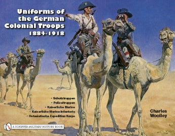 Men in Imperial German Colonial uniforms, as seen in "Uniforms of the German Colonial Troops 1884-1918" by Schiffer Publishing, Ltd., possibly from the III. See-Bataillon or Schutztruppen, ride camels.