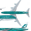 Illustration from "Colorful Aircraft" by Schiffer Publishing, Ltd., featuring a Cathay Pacific airplane in green and white livery with “Cathay Pacific” and “Asia’s world city,” highlighting unique airline paint jobs.