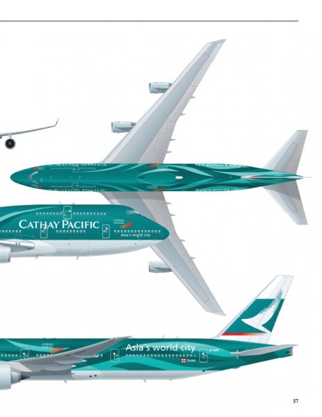 Illustration from "Colorful Aircraft" by Schiffer Publishing, Ltd., featuring a Cathay Pacific airplane in green and white livery with “Cathay Pacific” and “Asia’s world city,” highlighting unique airline paint jobs.