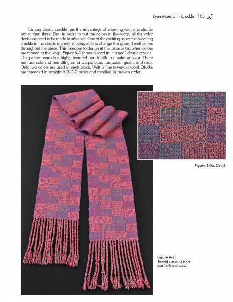 Weave Classic Crackle & More by Schiffer Publishing, Ltd. is displayed with a handwoven scarf in purple and pink crackle weave, laid flat with close-up details—ideal for exploring treadling variations from your favorite weaving book.