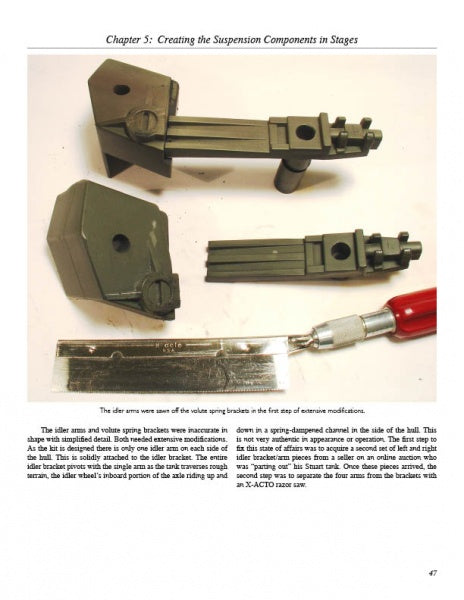 Three olive-green suspension parts and a metal X-ACTO knife are displayed on a white surface. These detailed components, for 1/6 scale Stuart tank models, are featured in "Large Scale Armor Modeling" by Schiffer Publishing, Ltd.