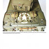 Close-up of a 1/6 scale Stuart tank model from "Large Scale Armor Modeling" by Schiffer Publishing, Ltd., showing open radiator caps, storage bags, and mechanical details; descriptive text appears below the image.