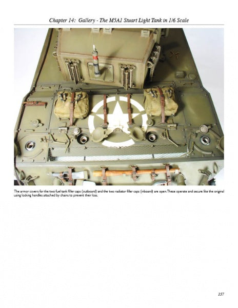Close-up of a 1/6 scale Stuart tank model from "Large Scale Armor Modeling" by Schiffer Publishing, Ltd., showing open radiator caps, storage bags, and mechanical details; descriptive text appears below the image.