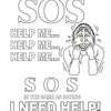 Black and white drawing with large SOS letters, a worried person, and "Help me..." phrases—ideal for Schiffer Publishing, Ltd.'s ABC's of Boating Terms, a fun educational coloring book teaching kids boating safety signals.