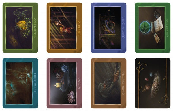 The Resonance Oracle by Schiffer Publishing, Ltd. features eight illustrated cards in two rows, each with mystical art and colored borders. Titles like Courage, Creative Joy, and Collaboration offer spiritual guidance for users.