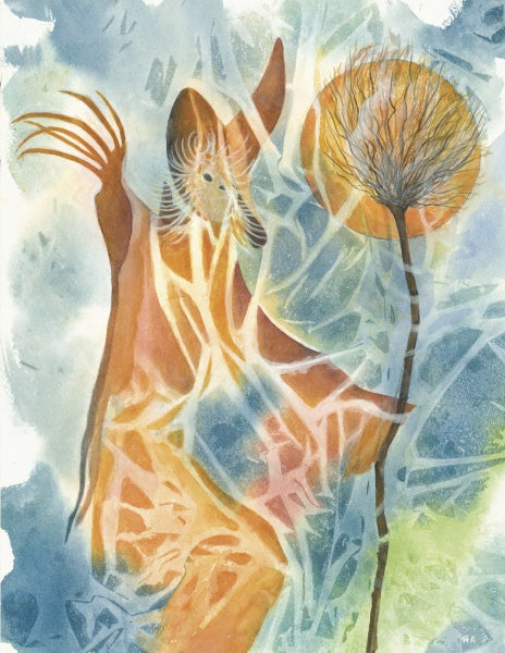Into the Pumpkin" by Schiffer Publishing, Ltd. features an abstract watercolor of a robed figure with a radiant staff amid swirling blue and orange hues, evoking a mystical vibe—ideal for an illustrated Halloween book.