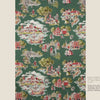 American Toile by Schiffer Publishing, Ltd. is a green patterned scenic fabric in American toile style, featuring repeating vintage Dutch settler scenes with houses, windmills, ships, and people in period clothing. Text on the left details its theme and origin.