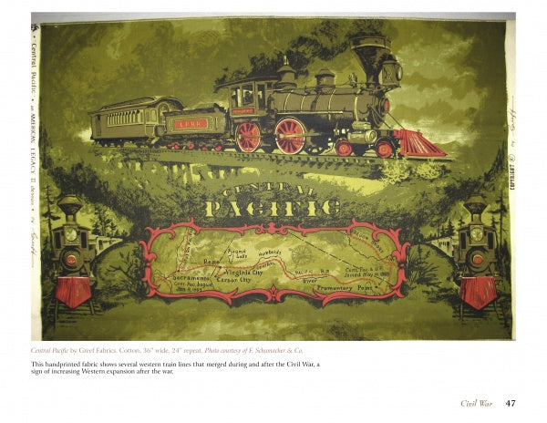 A vintage steam locomotive labeled "Pacific" and a "Union" passenger car traverse green terrain. Below, a decorative map of western railroad routes evokes the charm of Schiffer Publishing, Ltd.'s American Toile wallpaper.