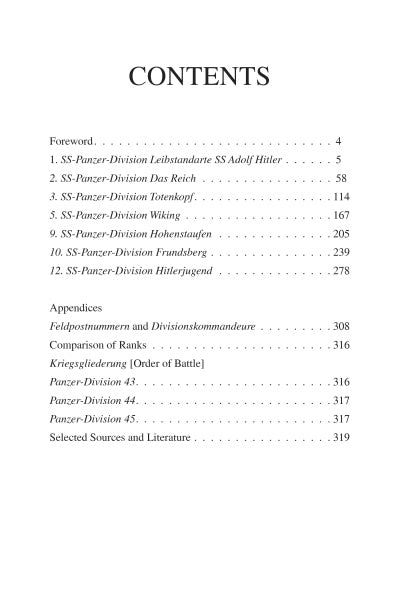 The table of contents for Panzer Divisions of the Waffen-SS by Schiffer Publishing, Ltd. lists sections on divisions like Leibstandarte, Das Reich, Totenkopf, Wiking, Hohenstaufen, Frundsberg, Hitlerjugend, plus appendices and sources.