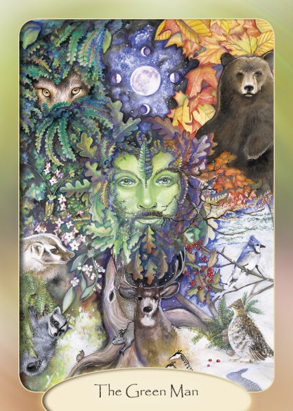 A card from The Stone Circle Oracle by Schiffer Publishing, Ltd. depicts The Green Man—a leafy green-faced figure among animals, birds, lush foliage, and a glowing full moon.