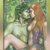 A green-skinned man with antlers embraces a long-haired woman in a forest, both adorned with leaves and flowers, radiating mystical energy from The Stone Circle Oracle by Schiffer Publishing, Ltd. “Rapture” is written at the bottom.