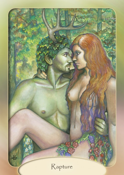 A green-skinned man with antlers embraces a long-haired woman in a forest, both adorned with leaves and flowers, radiating mystical energy from The Stone Circle Oracle by Schiffer Publishing, Ltd. “Rapture” is written at the bottom.