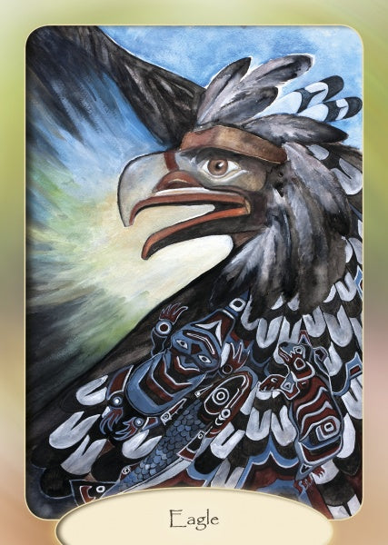A stylized illustration of an eagle with bold, expressive lines and Indigenous-inspired patterns graces The Stone Circle Oracle by Schiffer Publishing, Ltd., its beak open against a softly blurred background. Text below reads “Eagle.”.