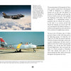 A page from Schiffer Publishing, Ltd.’s "North American F-86F Sabre" shows color photos of vintage jets on runways and text about the Sabre’s role in modernizing the Spanish Air Force’s fighter fleet.