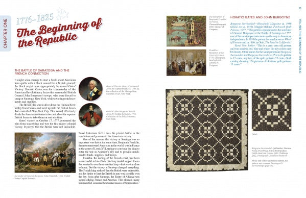 A book spread from American Heroes Quilts, Past & Present by Schiffer Publishing, Ltd. features historical paintings, portraits, quilt patterns, and text on 1776-1825 American events like the Battle of Saratoga and Horatio Gates.