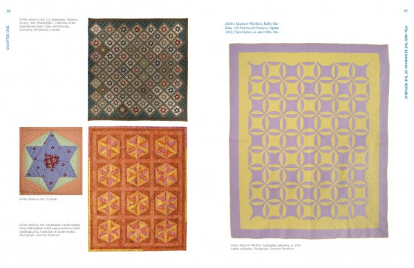 Four vintage quilts with intricate patterns and various colors are showcased on a white background with labels. The largest, an American Heroes Quilts, Past & Present design by Schiffer Publishing, Ltd., features a yellow and purple interlocking motif.