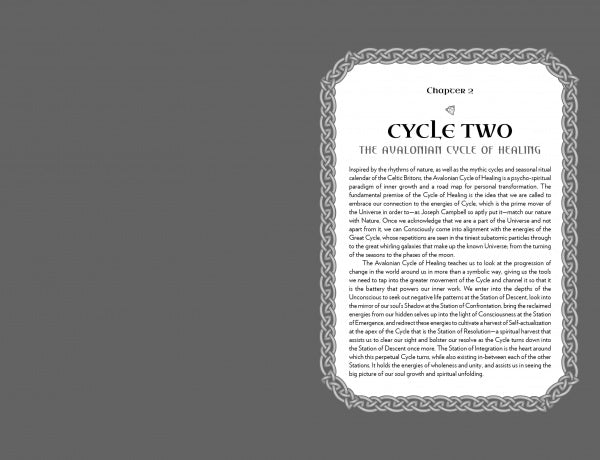 A woven-border page from The Avalonian Oracle by Schiffer Publishing, Ltd. elegantly presents Chapter 2: Cycle Two—The Avalonian Cycle of Healing, with themed paragraphs on a soft grey background inspired by Celtic Priestess wisdom.