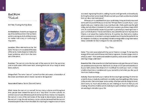 A page from Schiffer Publishing's Body Cards guidebook shows a card titled "Pushing the Holy Bone"—an abstract figure on the left and, on the right, an exploration of sacrum symbolism, chakra info, and a spiritual exercise.