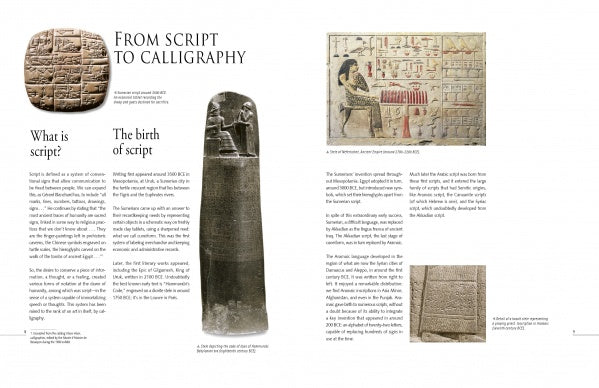 The display panel, “An Introduction to Arabic Calligraphy” by Schiffer Publishing, Ltd., traces script origins with ancient tablets, a stone stele, scribe relief, and cuneiform text while exploring the evolution of Arabic calligraphy styles.