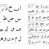In "An Introduction to Arabic Calligraphy" by Schiffer Publishing, Ltd., a two-page spread displays handwritten Arabic letters—isolated on the left, grouped by shape on the right—with English text explaining key calligraphy styles.