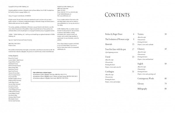 On the left, An Introduction to Calligraphy by Schiffer Publishing, Ltd. displays its copyright details and acknowledgments; on the right, a clean table of contents highlights practice exercises and Western script styles.