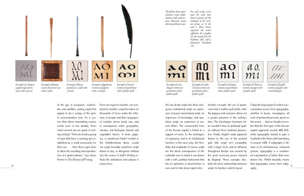 A two-page spread from "An Introduction to Calligraphy" by Schiffer Publishing, Ltd. displays illustrations of historic writing tools, samples of Western script styles, and text explaining the evolution of writing and lettering.