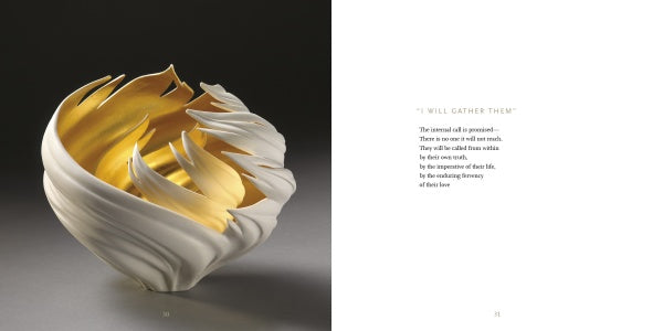 A white ceramic art bowl with flame-like edges and a gold interior sits on a gray surface. To the right, a page from "Vessels" by Schiffer Publishing, Ltd. features the poem "I Will Gather Them" in elegant, minimal text.