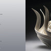 A porcelain vessel from Schiffer Publishing, Ltd.'s "Vessels" showcases cream-colored, curved forms spiraling upward, while the left side displays a poem titled "Life Boat" against a gradient gray background.