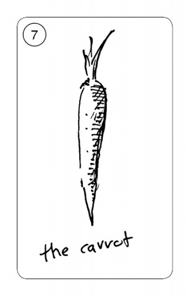 A black and white sketch of a carrot with leafy top is featured on a Carrot Cards deck card by Schiffer Publishing, Ltd., labeled 7. "The carrot" is handwritten below, adding a touch of rabbit wisdom and charm to this unique fortune telling set.